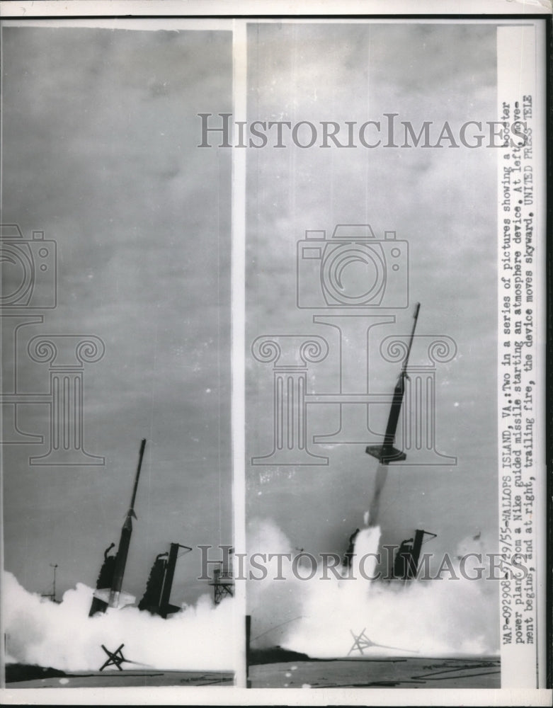 1955 Press Photo Nike Guided Missile Trailing Fire On Wallops Island Virginia - Historic Images