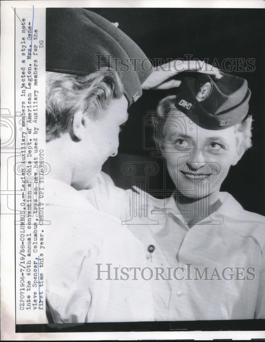 1958 Press Photo Legion Auxiliary Member Genevieve Spencer Tries On New Hat-Historic Images