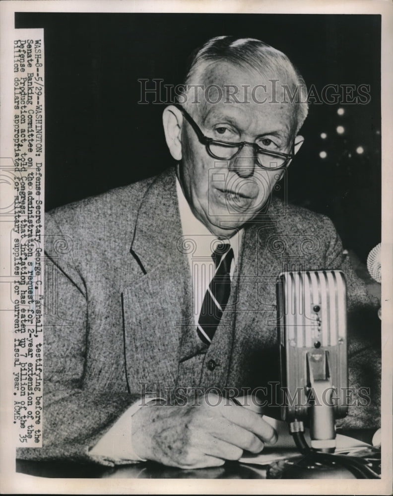 1951 Press Photo Defense Secretary Marshall Speaks To Senate Banking Committee-Historic Images