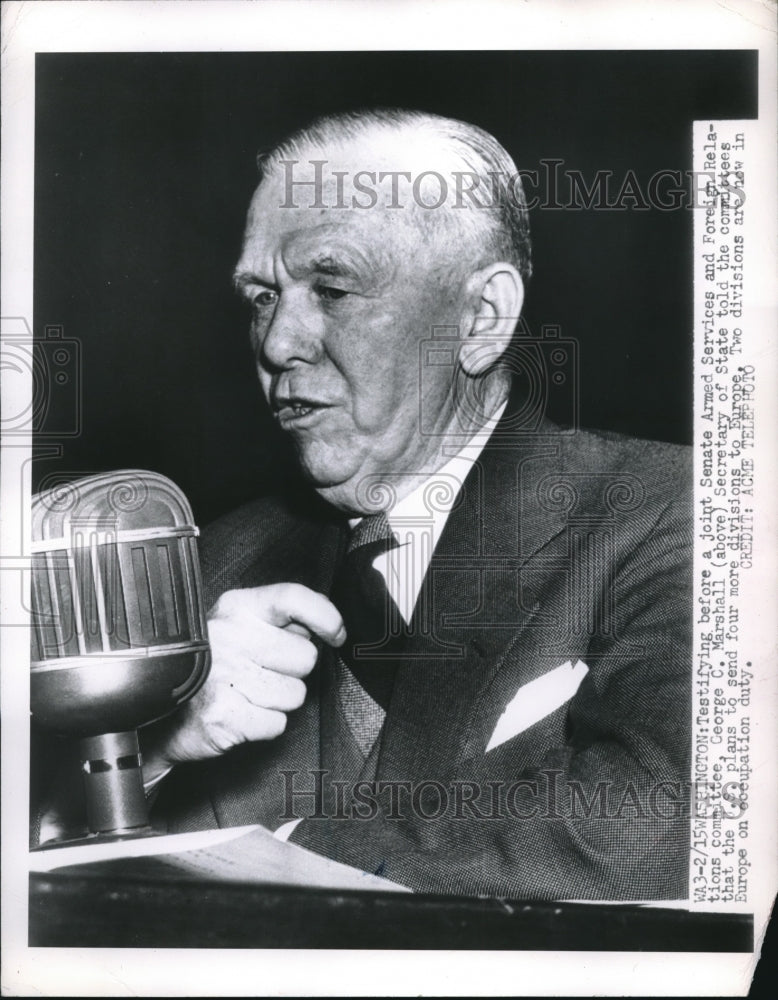 1951 Press Photo Secretary of State George Marshall Speaks Into Large Microphone - Historic Images