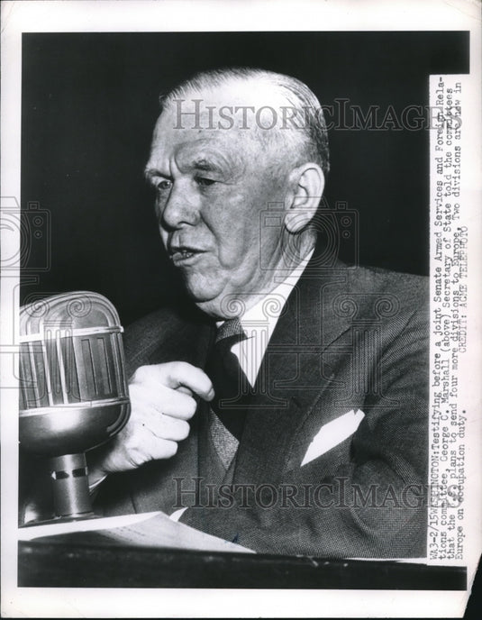 1951 Press Photo Secretary of State George Marshall Speaks Into Large Microphone - Historic Images