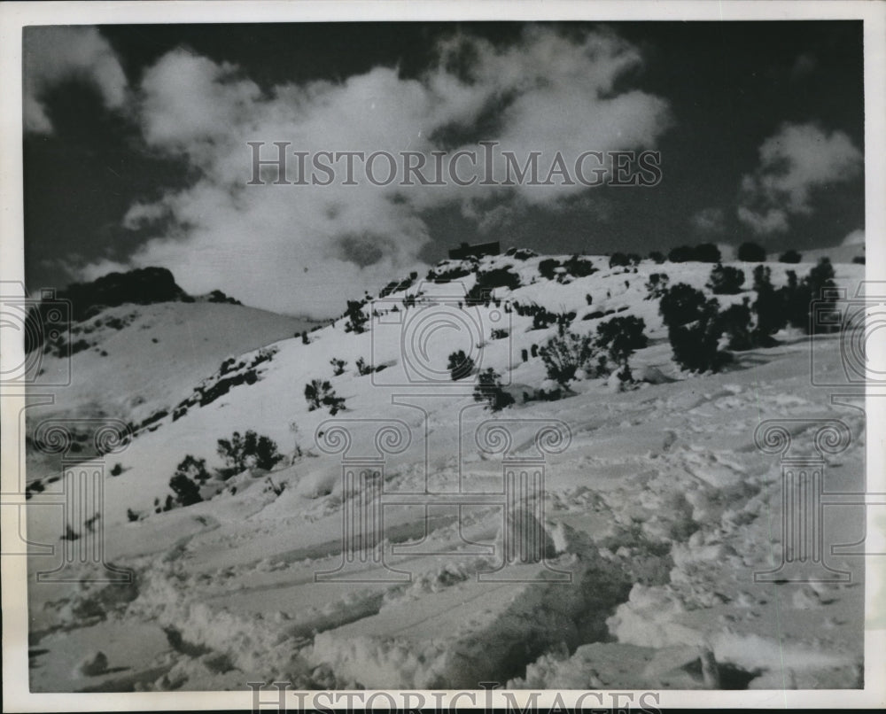 1959 Press Photo Skiers head up snowy hill of Saavedra, Santiago, Chile - Historic Images