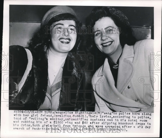 1949 Jacqueline Nightingale w/ her friend Geraldine Cobb arrested - Historic Images