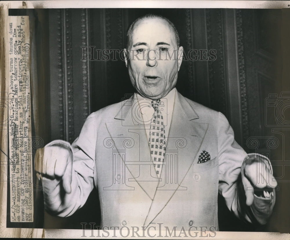 1951 Sen Mathew Neely thumbs down on GOP maneuvers - Historic Images