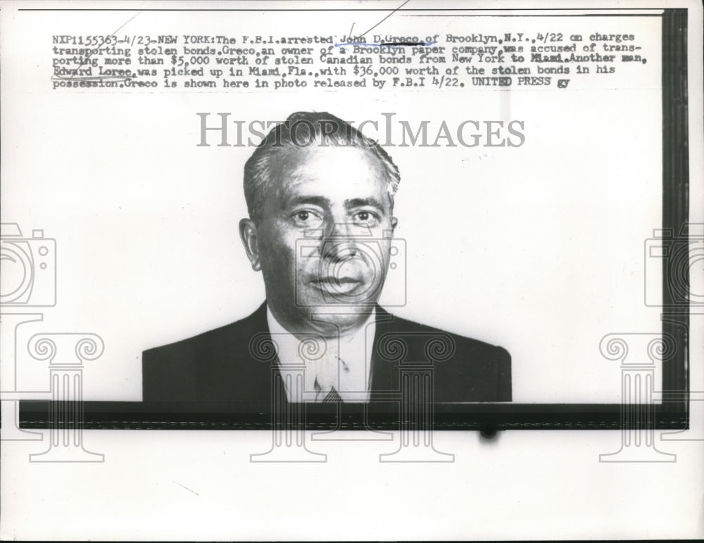 1958 John D. Greco Was Arrested by FBI for Transporting Stolen Bonds - Historic Images