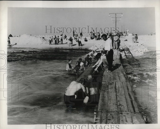 1960 Press Photo Workers Transporting Pipe for Libyan Oil Pipeline - Historic Images