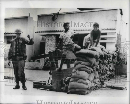1965 Dominican Republican Youngsters Play in Sand Bagged Streets - Historic Images