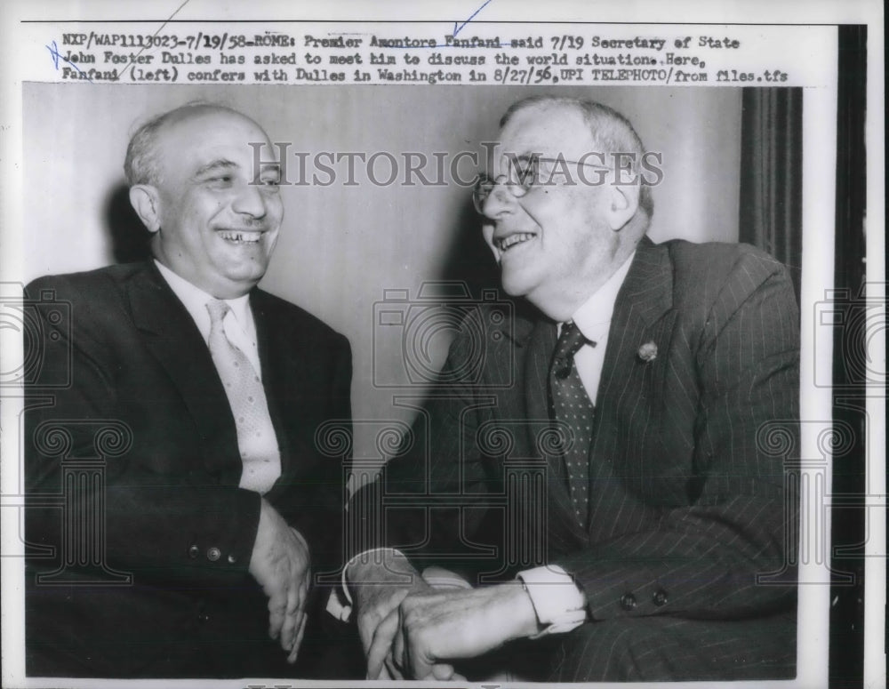 1958 Press Photo Premier Amontore Fanfani Sec of State John Foster Dulles-Historic Images