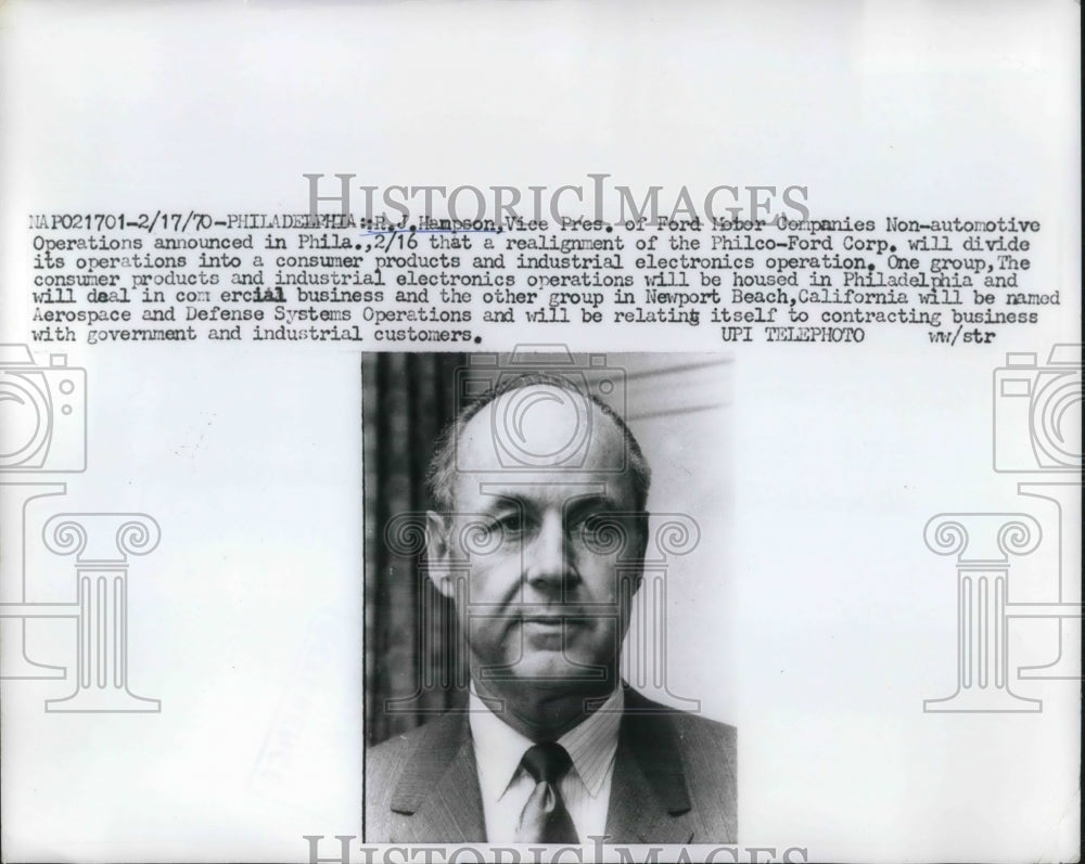 1970 Vice President Operations at Ford Motor Company H.J. Hampson - Historic Images