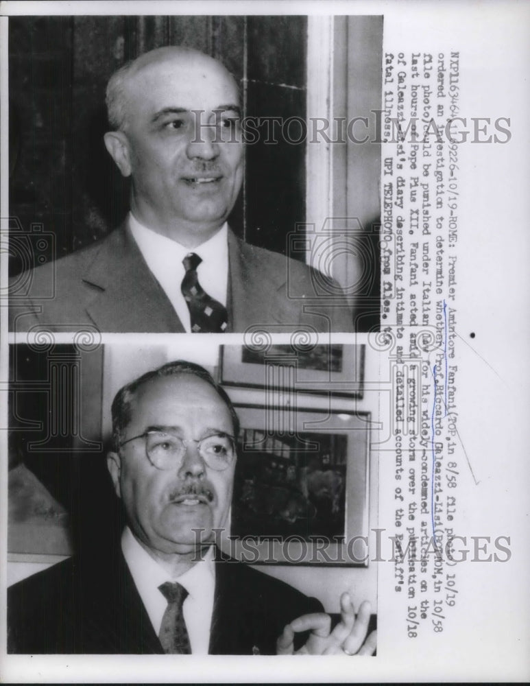 1958 Premier Amintore Fanfani Prof. Riccardo Galeazzi - Historic Images