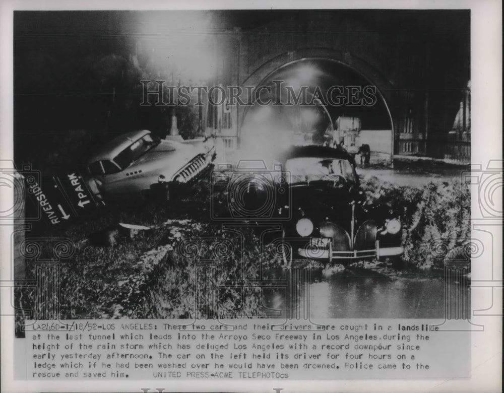 1952 La, Calif. cars caught in landslide at Arroyo Seco freeway - Historic Images