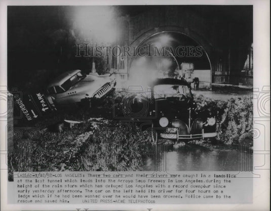 1952 La, Calif. cars caught in landslide at Arroyo Seco freeway - Historic Images