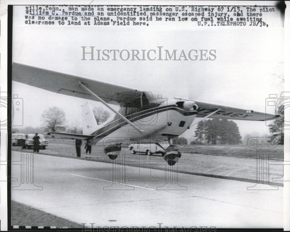 Pilot William C Pardue makes emergency landing at Adams Field - Historic Images