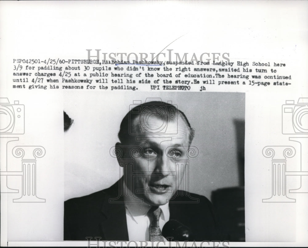 1960 Press Photo Bohdan Pashkowsky Suspended from High School Paddling 30 Studen - Historic Images