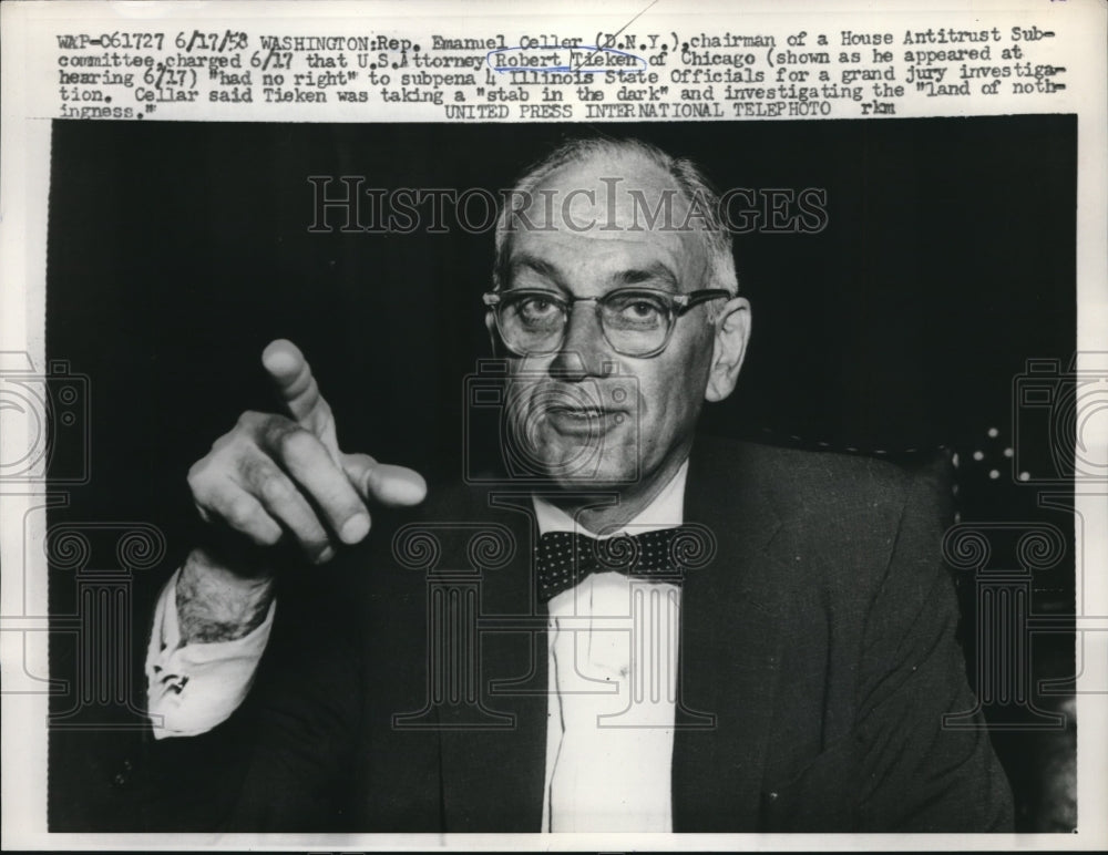 1958 Press Photo Rep Emanuel Celler Chairman of House Antitrust Subcommittee - Historic Images