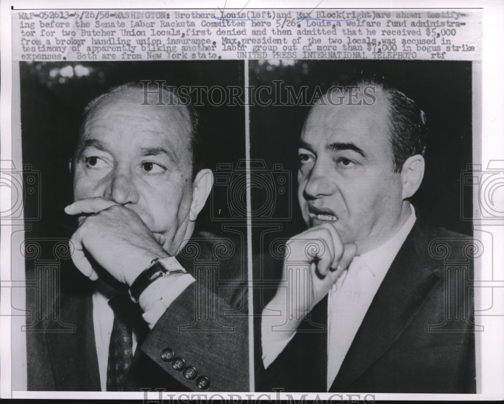 1958 Press Photo Brothers Luis &amp; Max Block testifying at Senate - Historic Images