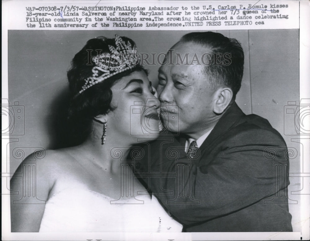 1957 Press Photo Philippine Ambassador to USA Carlos Romule Kisses 18-Year-Old - Historic Images