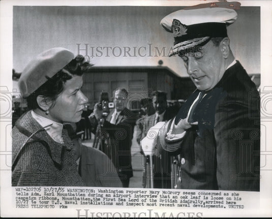 1955 Press Photo Reporter Mary McGrory & Admiral Earl Mountbatten Interviewing-Historic Images