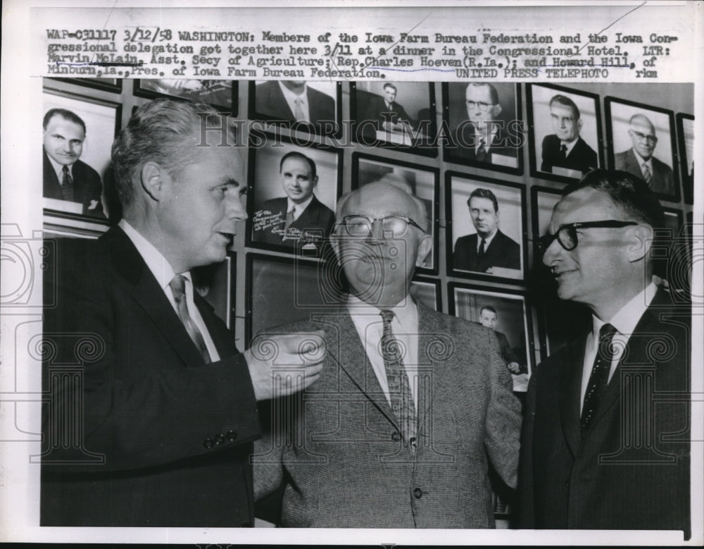 1958 Press Photo Rep. Charles Hoeven,Marvin McLain & Howard Hill Of Farm Bureau-Historic Images