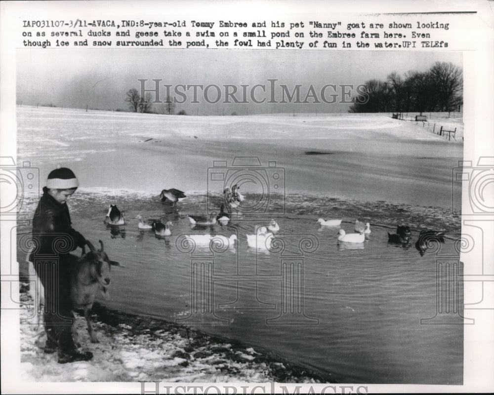 1960 Avaca, Ind. Tommy Embree &amp; pet goat a duck pond - Historic Images