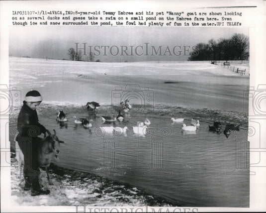 1960 Avaca, Ind. Tommy Embree & pet goat a duck pond - Historic Images