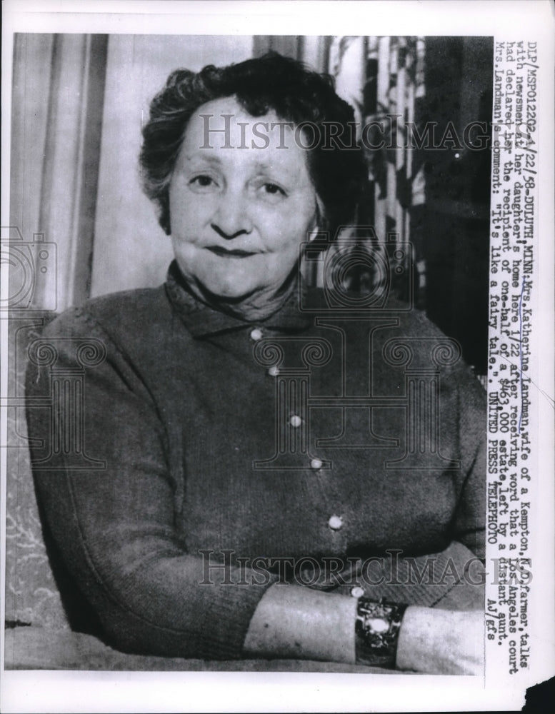 1958 Duluth, Minn. Mrs Katherine Landman, inherits $463,000 estate - Historic Images