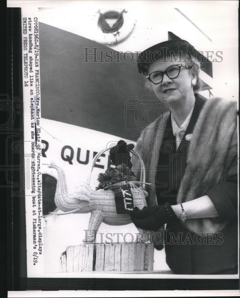 1956 Press Photo Mrs. Marion Blair Boards Sight-Seeing Boat at Fisherman&#39;s - Historic Images