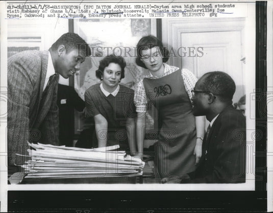 1958 D.C. Dayton, Ohio students J McIntosh,M Owen, S Dynea, EO Mensa - Historic Images
