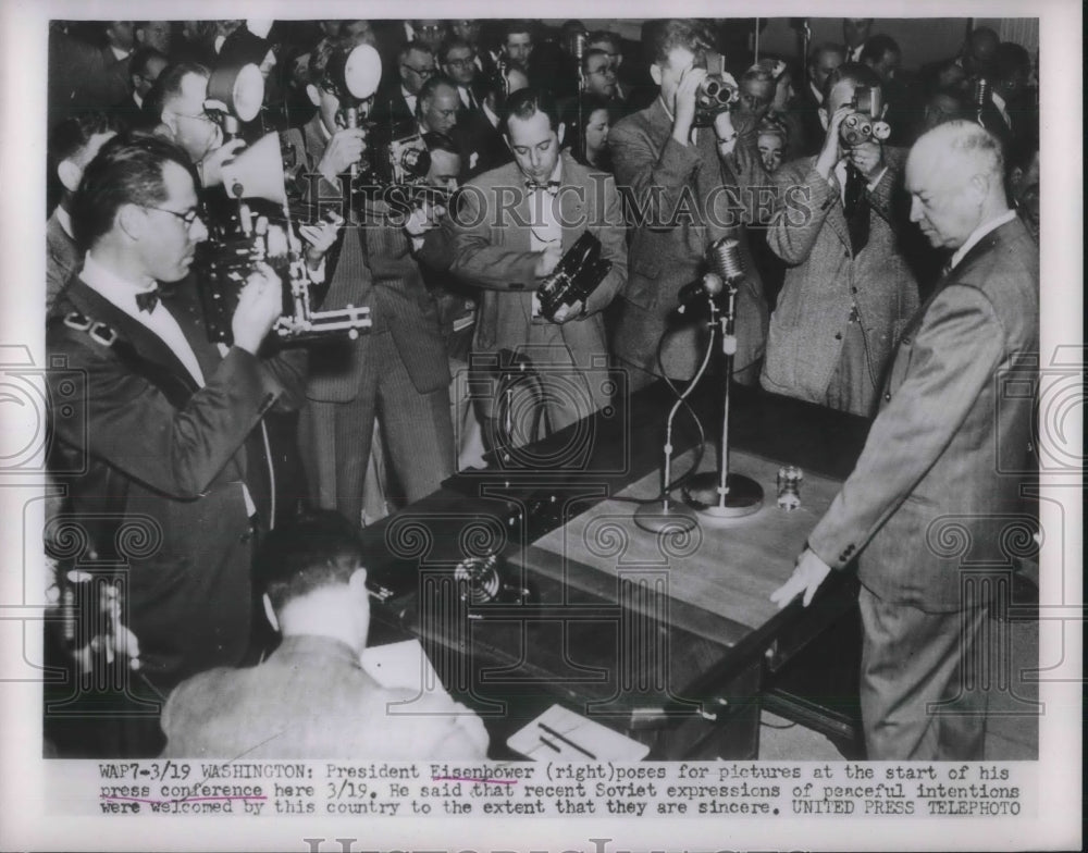 1953 President Eisenhower speaking during a press conference. - Historic Images