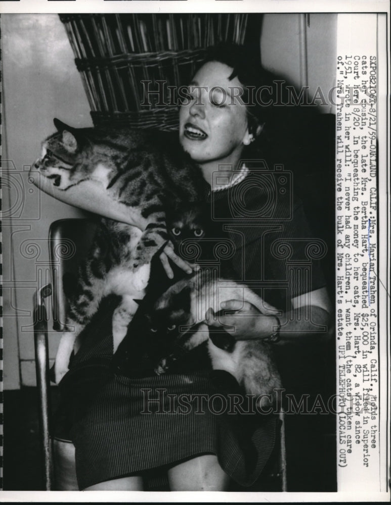 1959 Press Photo Oakland, Calif. Mrs Marian Trahen &amp; cats bequeathed to her-Historic Images