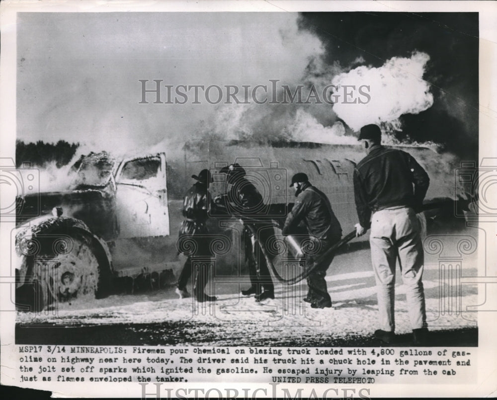 1952 Minneapolis, Minn firemen battle blazing chemical truck fire - Historic Images