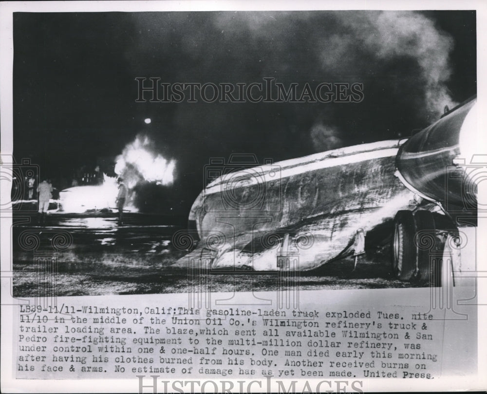 1953 Wilmington, Calif. burning wreck of gas transport truck - Historic Images