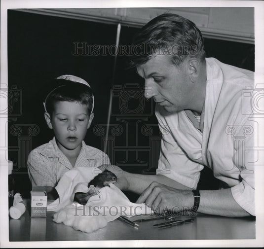 1954 Press Photo Pet Squirrel "Brownie" & Rick Bell Age 6 & Vet Dr Richard Hill-Historic Images