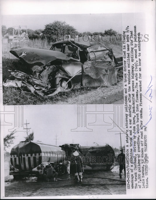 1954 Press Photo Collision of a Gasoline Truck and a Car in Chicago - Historic Images