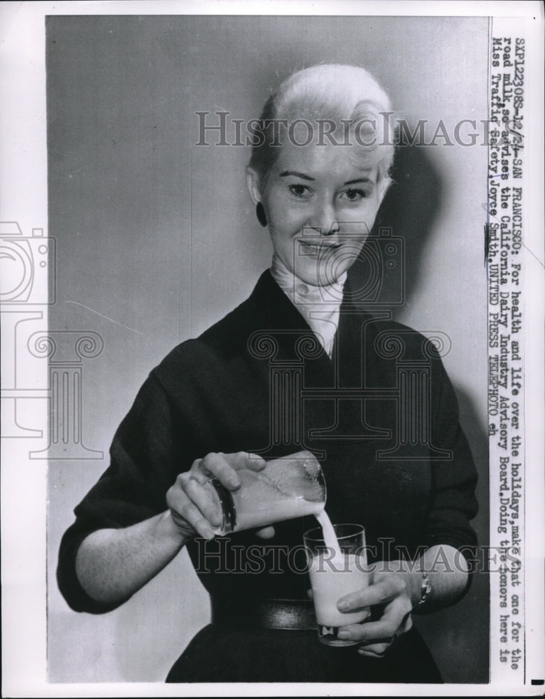 1957 Joyce Smith, Miss Traffic Safety Advises Milk  - Historic Images