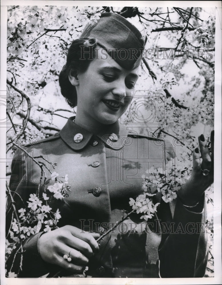 1956 SFC Donna Kincade Admires Cherry Blossoms at Camp Zama - Historic Images