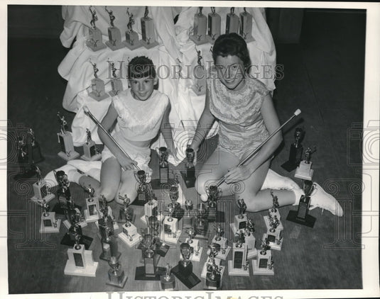 1958 Kathleen Walkanoff & Pat Clack with 80 Trophies Baton Twirling - Historic Images