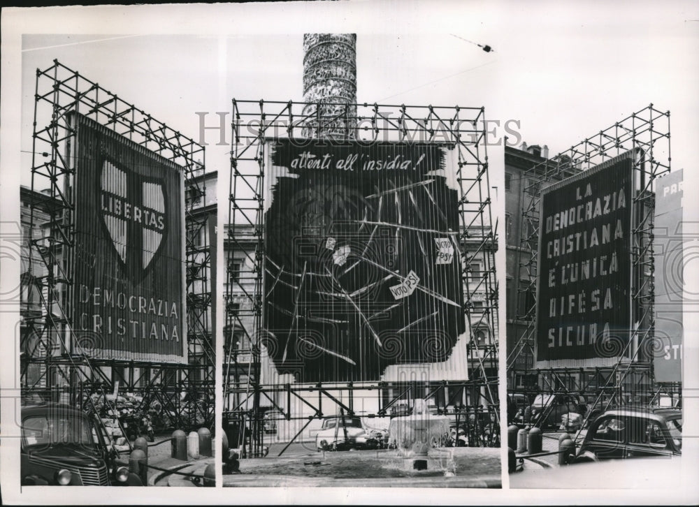 1953 Press Photo Three Vies of Three-Way Poster by Democratic Party in Italy-Historic Images