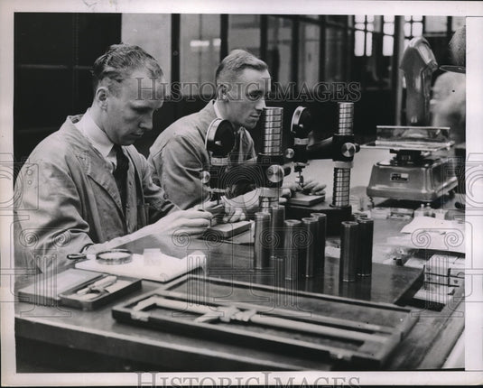 1937 Workers Measures Airplane Engine Parts at Rover Shadow Factory - Historic Images