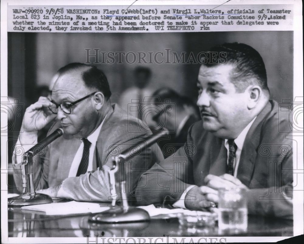 1958 Press Photo Floyd Webb &amp; Virgil L. Walters Appear Before Senate Committee - Historic Images