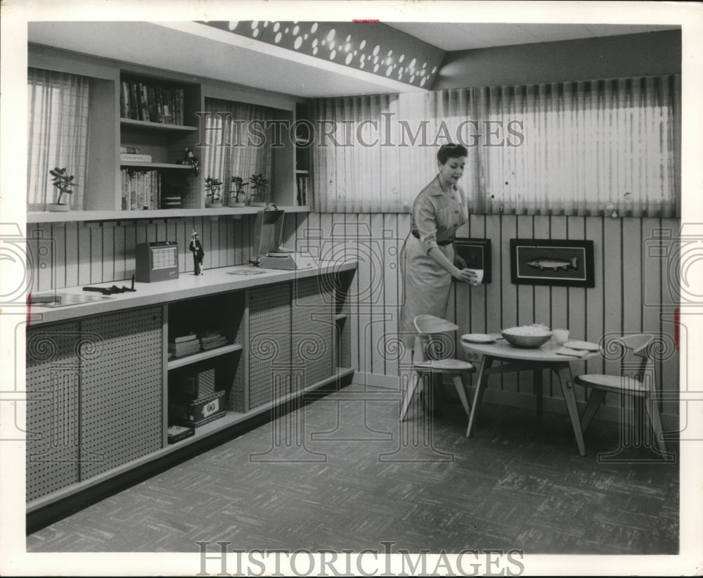 1961 Lady Setting a Table in Recreation Room - Historic Images