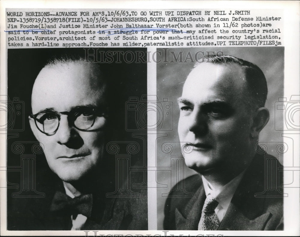 1963 Press Photo Defense Minister Jim Fouche and Justice Minister John Vorster - Historic Images