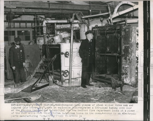 1955 Walter Cobb Of New Bedford Fire Department Looks Over Damage - Historic Images