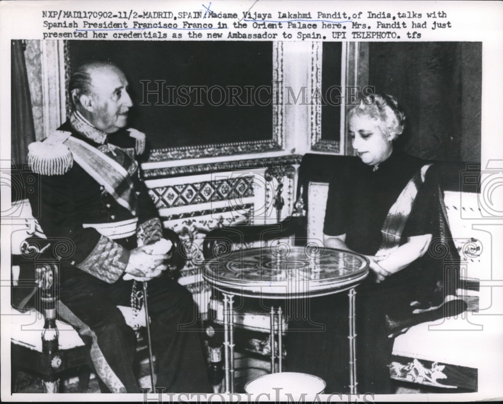 1958 Vijaya Lakshmi Pandit, President Francisco Franco - Historic Images