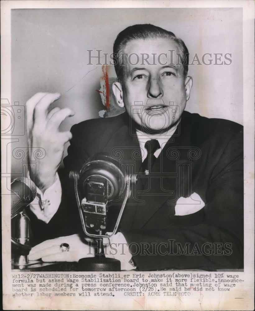 1951 Press Photo Economic Stabilizer Eric Johnston - Historic Images