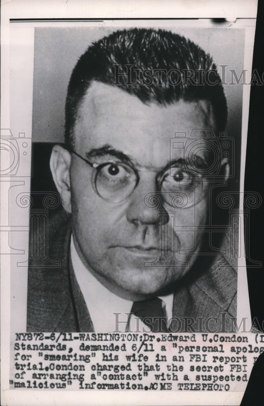 Press Photo Dr. Edward U. Condon Demands Apology For Wife From the FBI - Historic Images