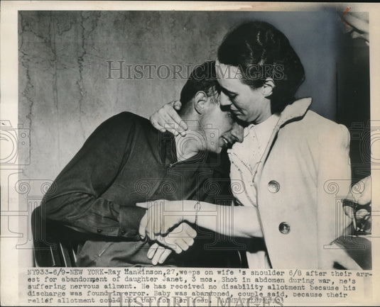 1948 Press Photo Wounded WWII Vet Ray Hankinson Cries on Wife's Shoulder - Historic Images