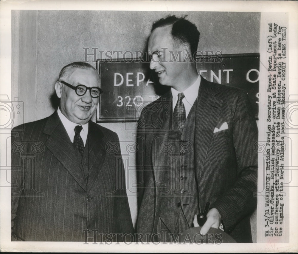 1949 Press Photo British Foreign Sec. Ernest Bevin with Sir Oliver Franks - Historic Images