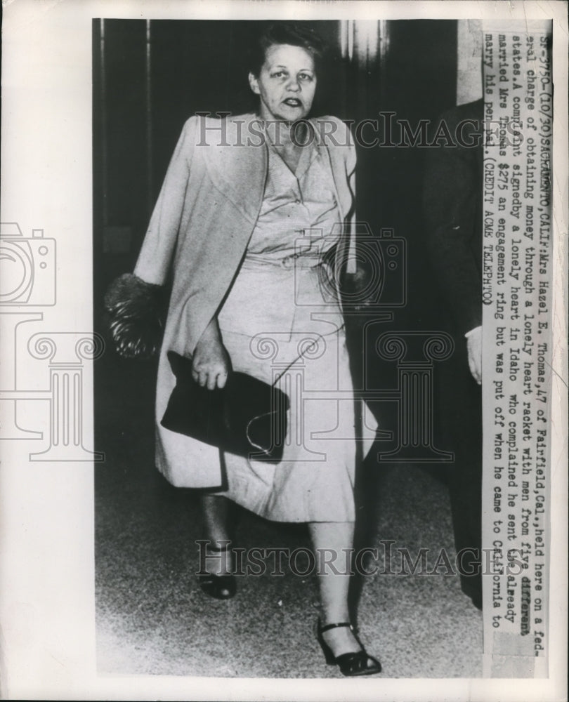 1949 Press Photo Mrs. Hazel E. Thomas Held for Obtaining Money Thru Lonely Heart-Historic Images