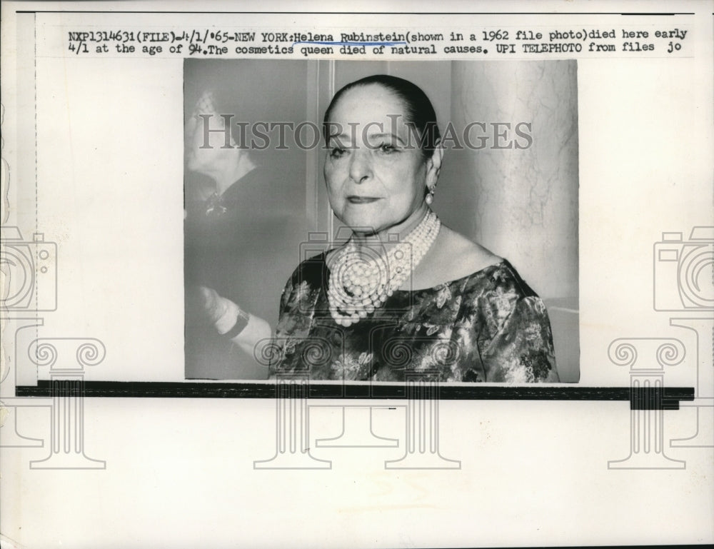 1965 Press Photo Cosmetic Queen Helen Rubinstein died of natural causes at 92 - Historic Images